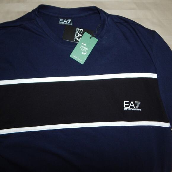 NWT Men’s EMPORIO ARMANI EA7 Cotton Blue T Shirt Color Block Embellished Size XL - Picture 5 of 7